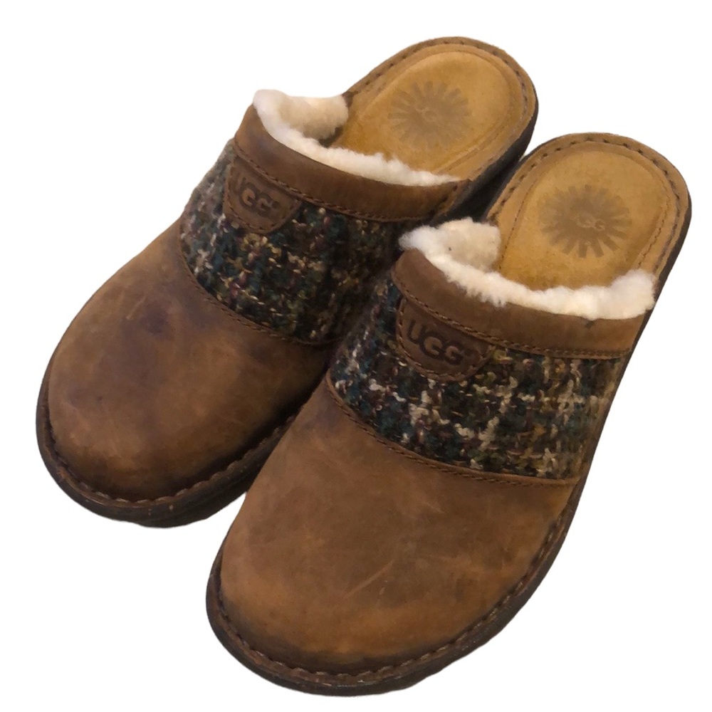 UGG OPALINE LEATHER CLOGS WITH PLAID TWEED DESIGN BROWN SIZE 6